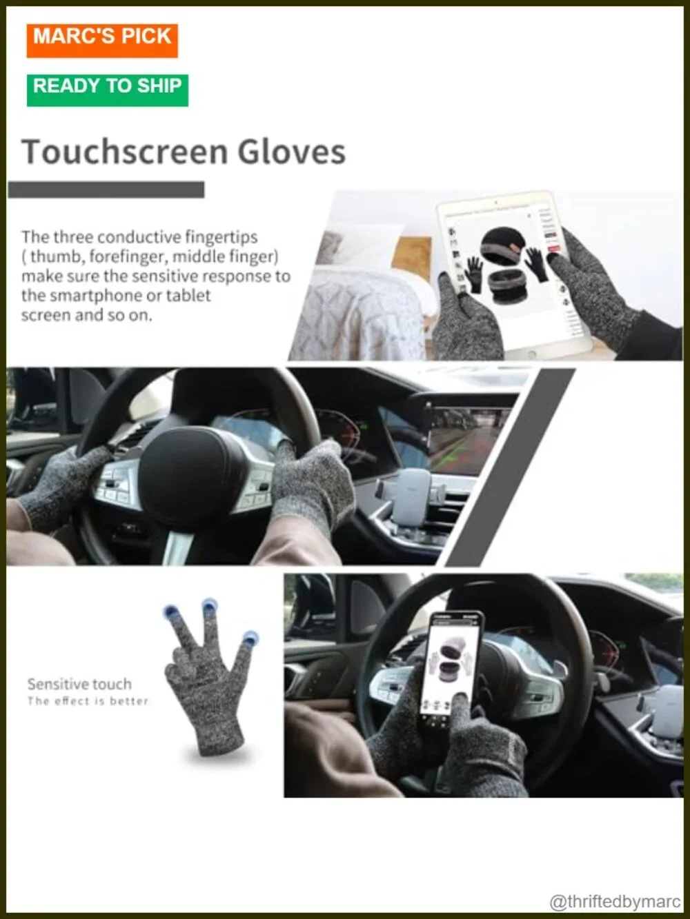Winter Beanie Hat Scarf Touchscreen Gloves Set 3 Pcs Fleece Lined